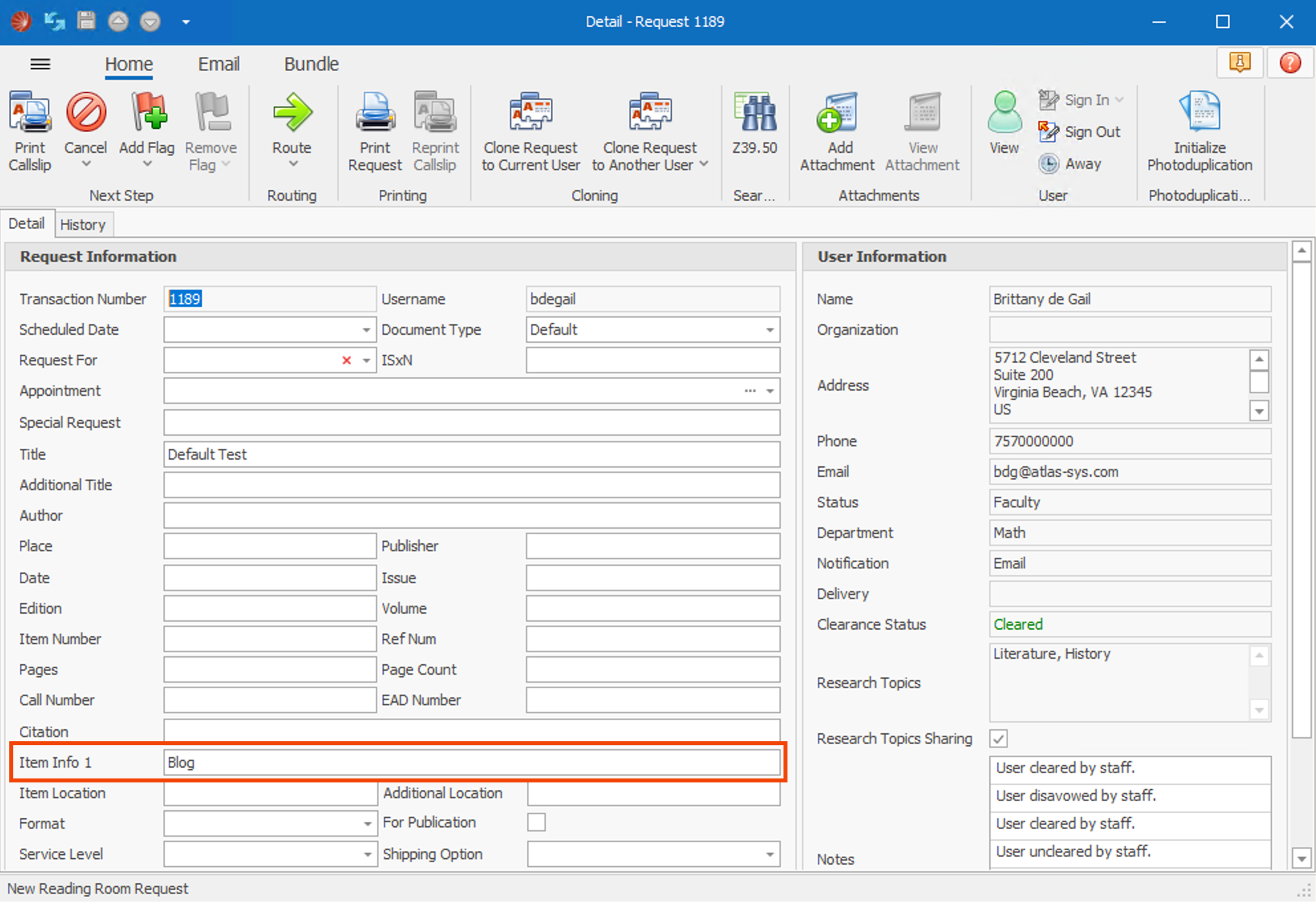 Request Form with ItemInfo1 displayed